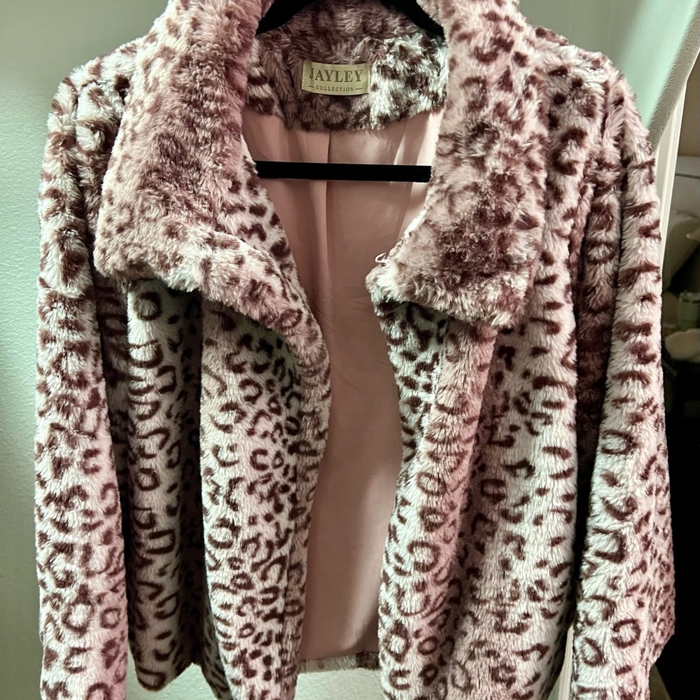 Pink Leopard Print Faux Fur Jacket